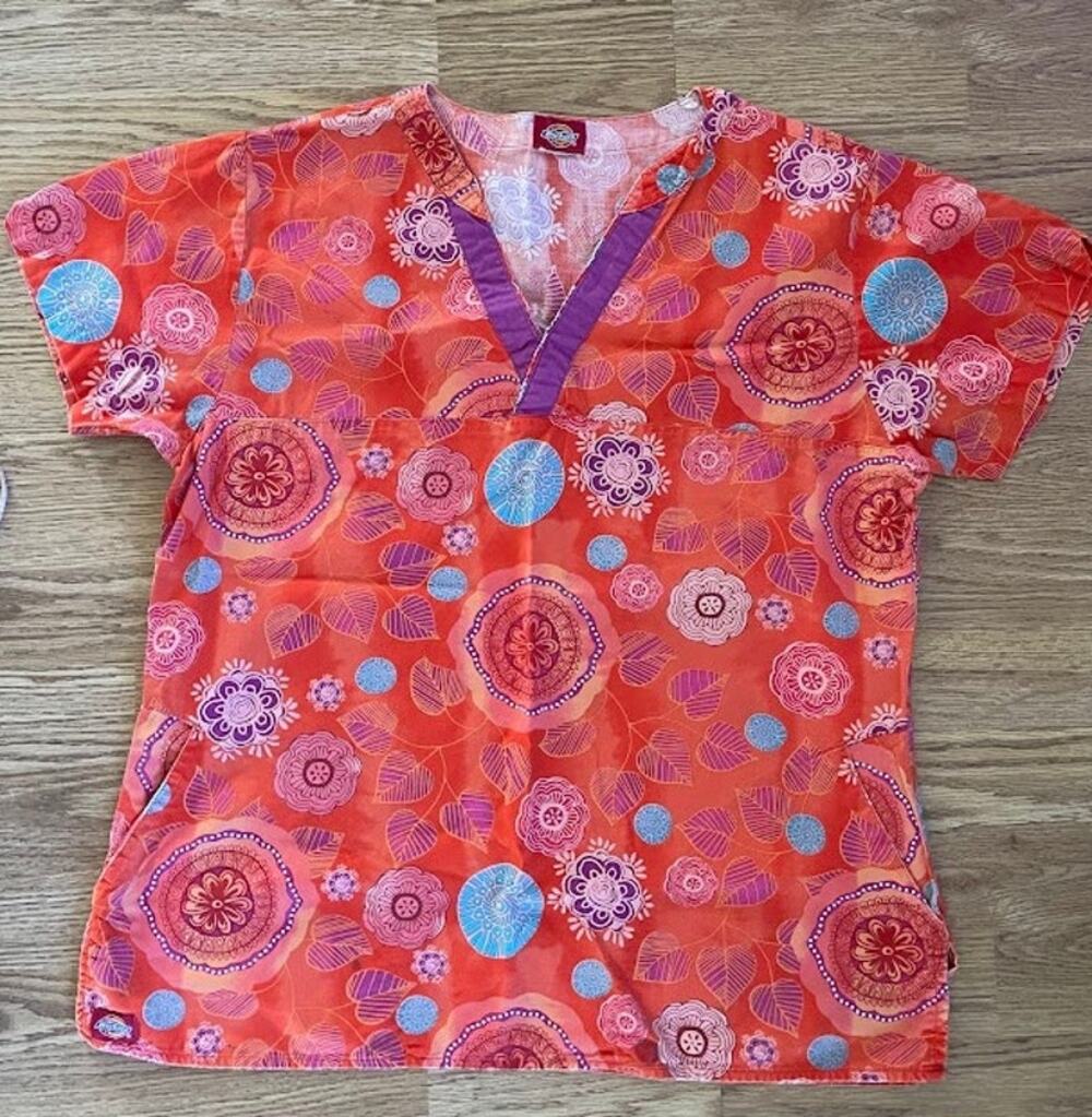 Dickies Floral Medallion Mock Wrap V-Neck Scrub Top Orange Purple Blue